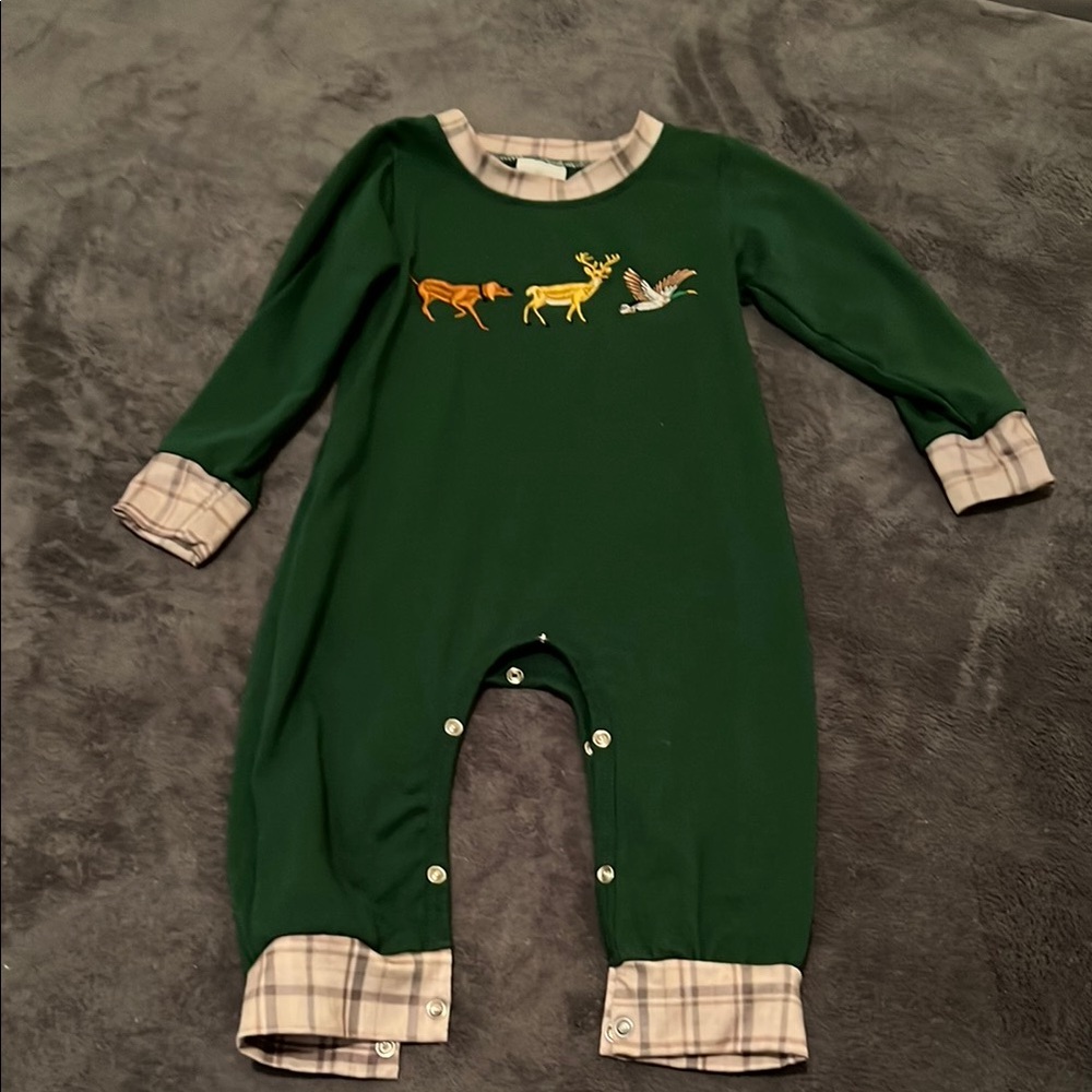 Embroidered Hunting Green Kids One Piece Romper with Plaid Accents
